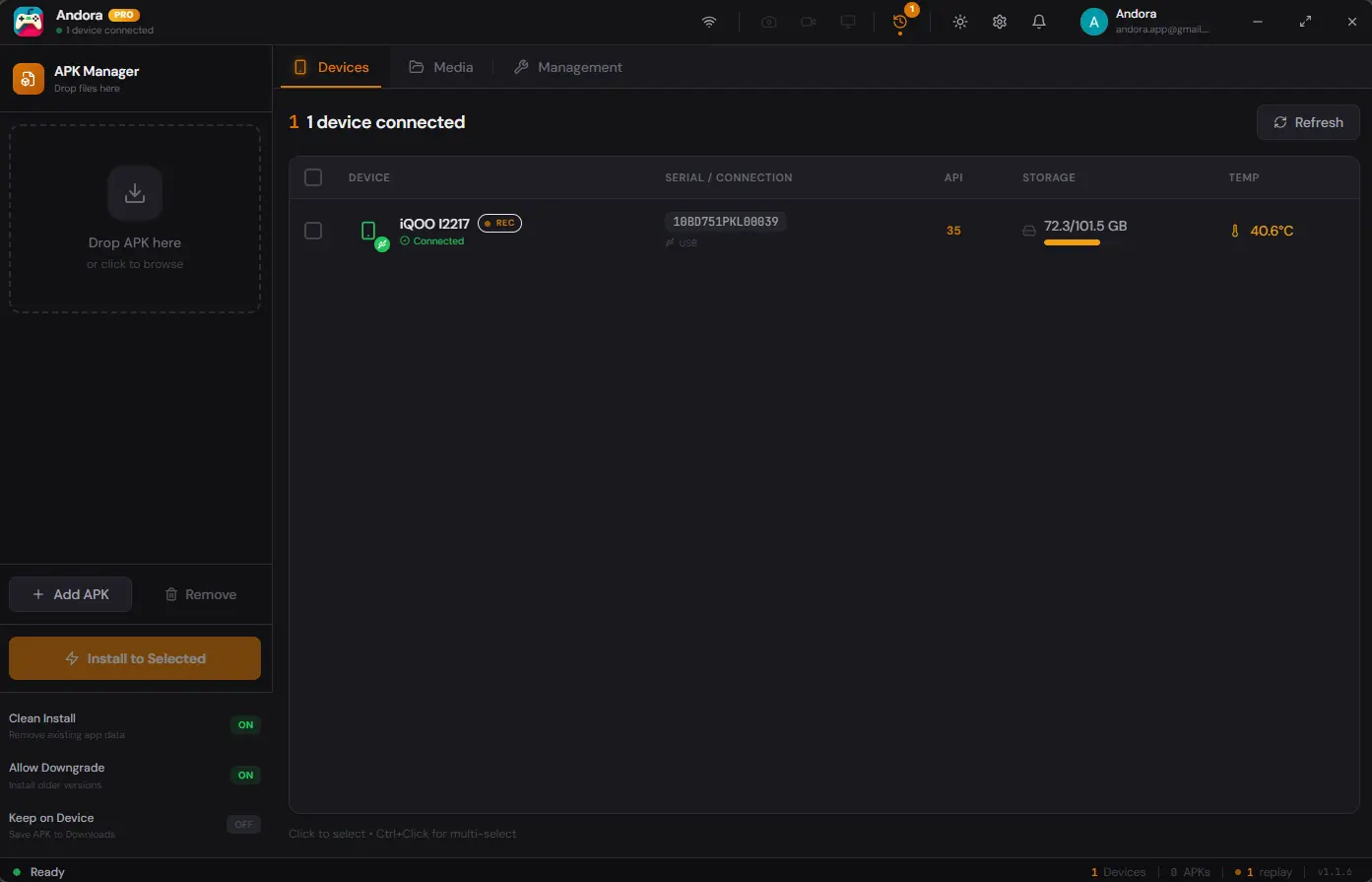 Andora main interface showing connected Android device with APK installation, file browser, and device management features